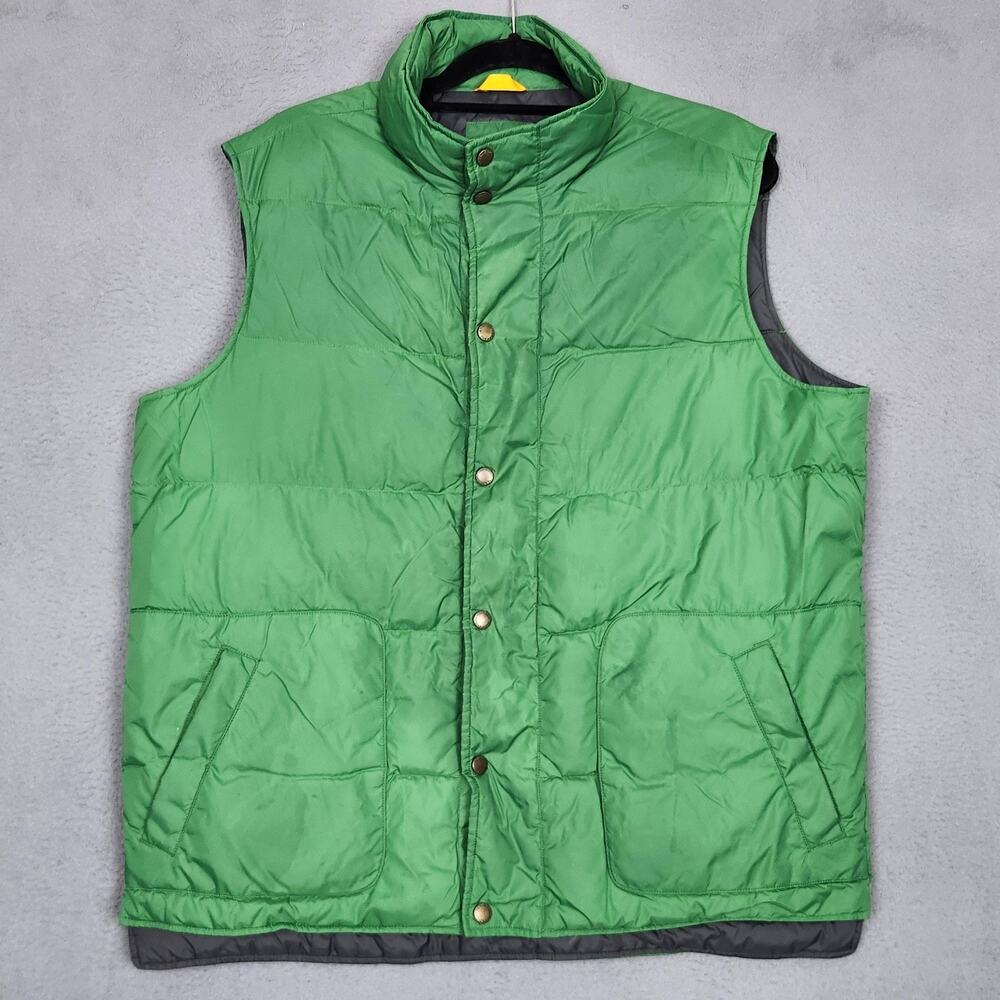 Lands End Vest Mens Large Green Down Puffer Snap Front Quilted Nylon Winter